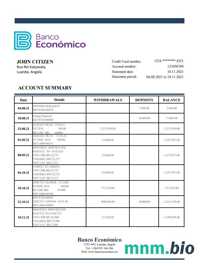 Angola Banco Comercial Angolano szablon wyciągu bankowego w programie Word i PDF